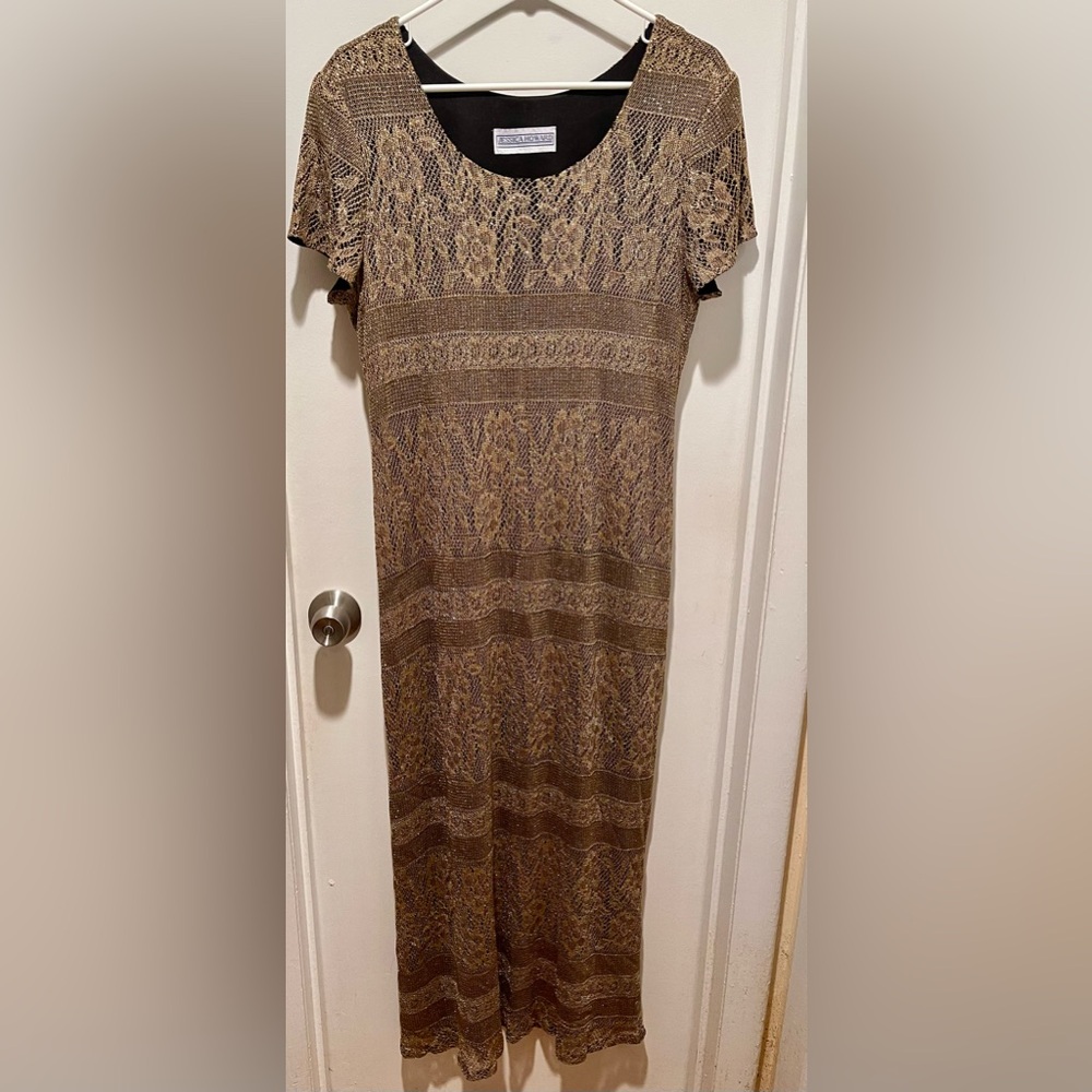 Jessica Howard Vintage Burnt Gold Metallic Lace over Black MAXI Dress Size 16